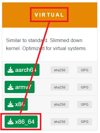 Bloco VIRTUAL da página de downloads do Alpine Linux