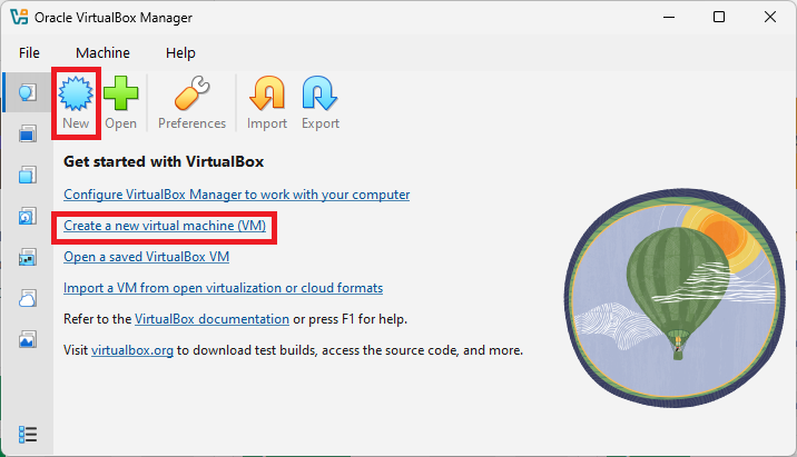 Página inicial da aplicação Oracle VirtualBox